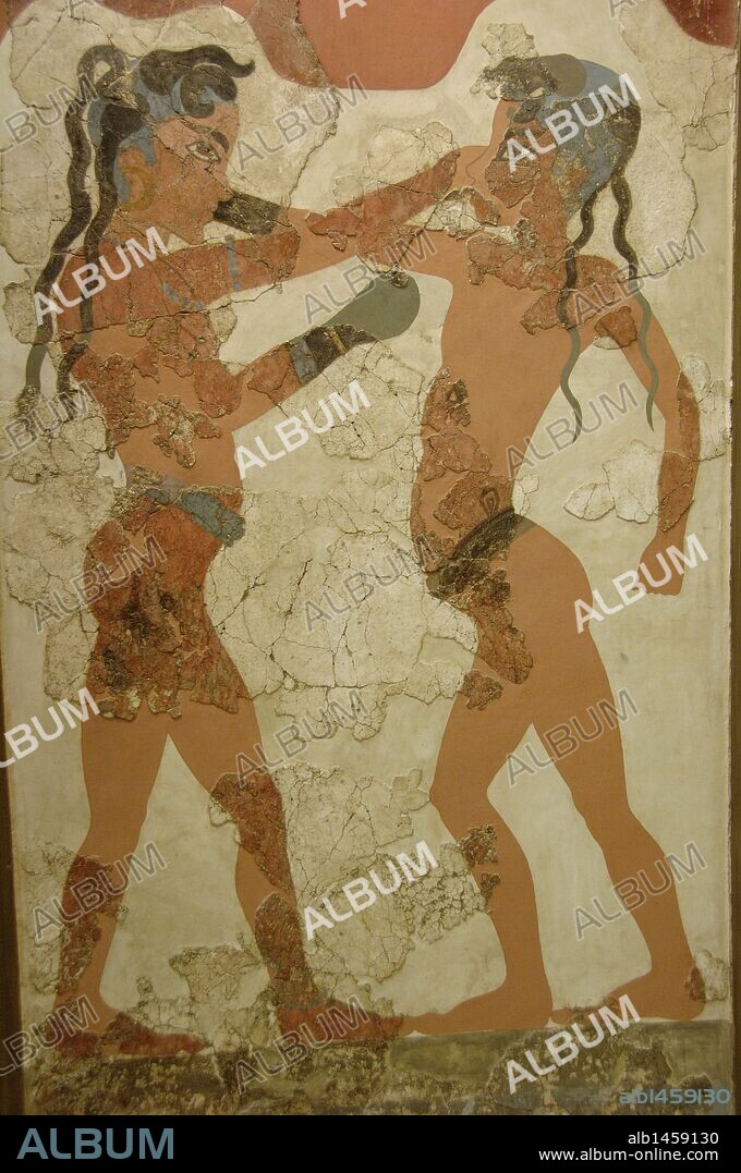 Minoan art. Greece. 16th century B.C. Fresco of boxing kids. Fight between two teens provided with gloves and a belt. Painted stucco. Room B1 from Akrotiri (Thera). (1550-1500 BC). National Archaeological Museum. Athens. Greece.