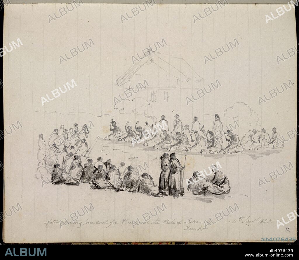CUTHBERT C. CLARKE. A Maori welcome at Taupo. Drawings and Sketches in New Zealand. New Zealand; 1850. [Whole drawing] Maoris beating fern root for visitors, at the Pak of Pukawah, Taupo. 4 January 1850  Image taken from Drawings and Sketches in New Zealand.  Originally published/produced in New Zealand; 1850. . Source: Add. 19955, f.26. Language: English.