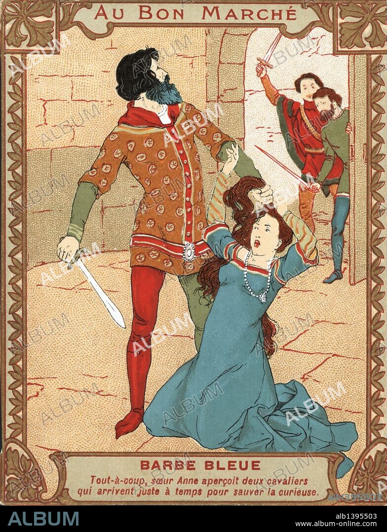 Cromo francés Au Bon Marché con ilustración del cuento Barba Azul. Años 1900.