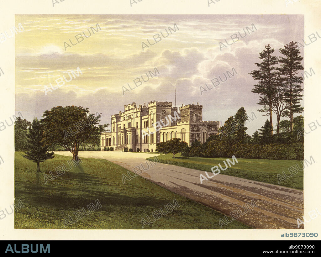 Rossie Castle, Forfarshire, Scotland. Castellated mansion house built by privateer and slave-owner and later abolitionist Hercules Ross from a design by Richard Crichton in 1805. Home of Montagu William MacDonald, Grenadier Guards. Colour woodblock by Benjamin Fawcett in the Baxter process of an illustration by Alexander Francis Lydon from Reverend Francis Orpen Morriss A Series of Picturesque Views of the Seats of Noblemen and Gentlemen of Great Britain and Ireland, William Mackenzie, London, 1880.