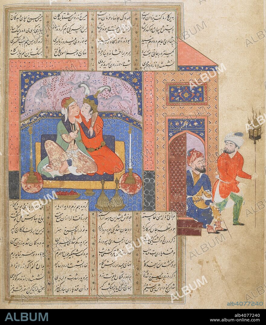 Jamshid with the daughter of the King of Zabulistan. Garshaspnama, a poem by Abu Nasr 'Ali ibn Ahmad Asadi of Tus on the exploits of Garshasp one of the heroes of the Shahnama. 1573. Opaque watercolour. Source: Or. 12985, f.18v. Language: Persian.