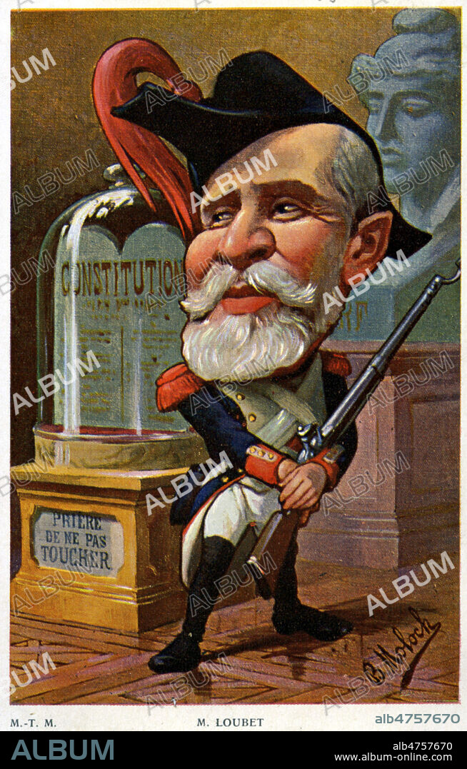 Le president Emile LOUBET (1838-1929) et la Constitution sous globe. Caricature de B. MOLOCK (1849-1909) pour une carte postale vers 1905. Credit : Collection IM/KHARBINE-TAPABOR.