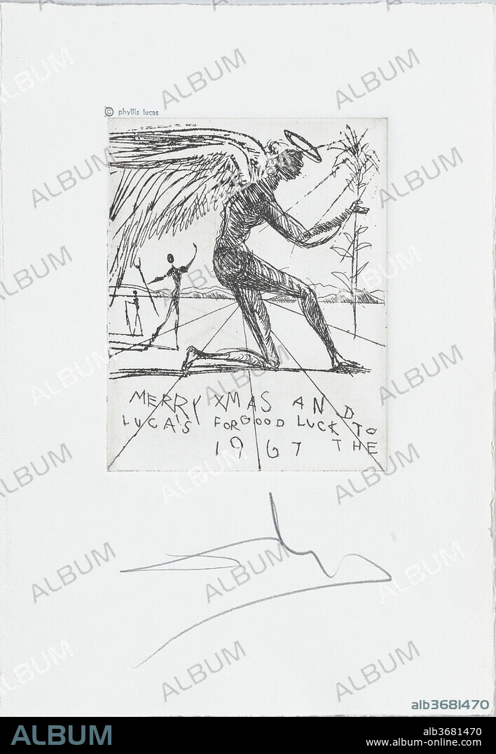SALVADOR DALI. A Christmas card to the Lucas family, a kneeling angel and two other figures. Artist: Salvador Dalí (Spanish, Figueres 1904-1989 Figueres). Dimensions: Sheet: 9 15/16 × 13 3/4 in. (25.3 × 35 cm)
Plate: 4 15/16 × 3 15/16 in. (12.5 × 10 cm). Date: 1967.