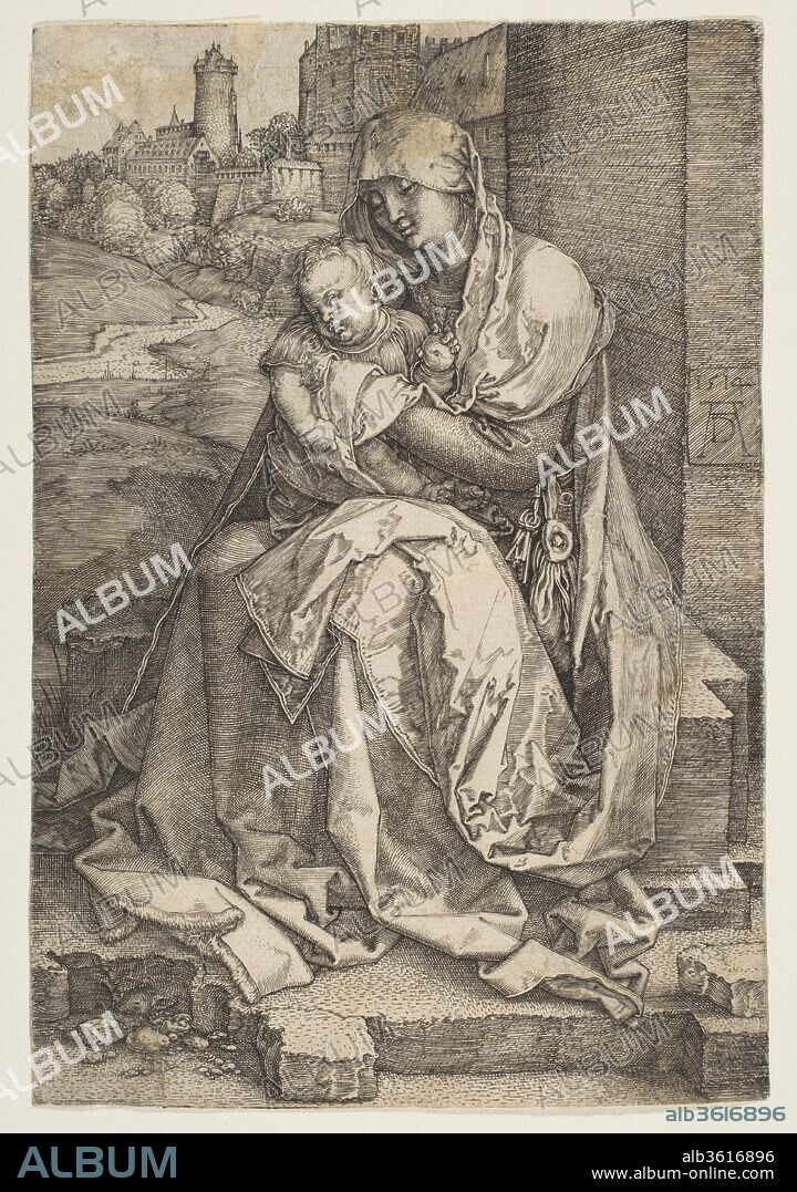 ALBRECHT DÜRER. Virgin and Child Seated by the Wall. Artist: Albrecht Dürer (German, Nuremberg 1471-1528 Nuremberg). Dimensions: Sheet: 5 3/4 × 3 7/8 in. (14.6 × 9.9 cm). Date: 1514.