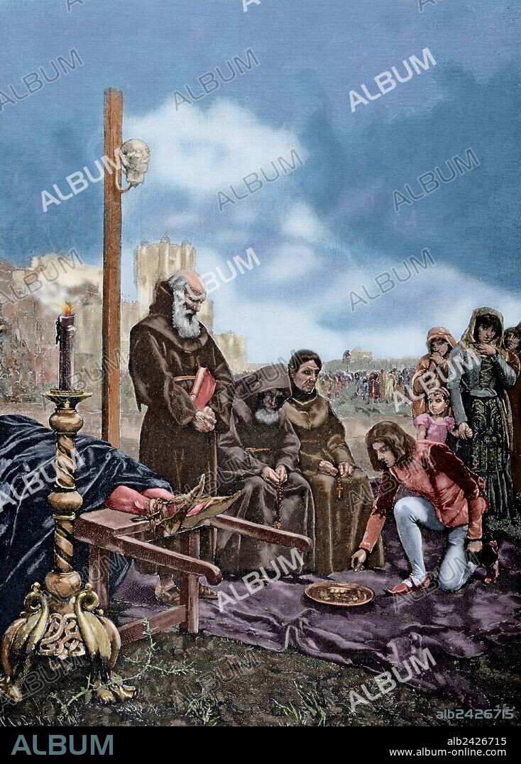 ADOLF CLOSS. ALVARO DE LUNA (1390-1453). Noble castellano de la casa de Luna. Condestable de Castilla, Gran Maestre de Santiago y valido del rey Juan II de Castilla. Grabado por A. Closs, del cuadro de Manuel Ramirez "Una limosna para el alma del condestable Don Alvaro de Luna". "La Ilustración Artística", 1885. Coloreado.