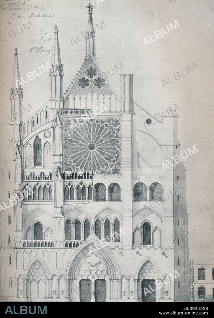 'Elevation of North Transept, Westminster Abbey, Showing Cut-Out with Wren's Scheme for Restoration', 1719. From The Connoisseur Volume LXXVII. [The Connoisseur Ltd, London, 1927].