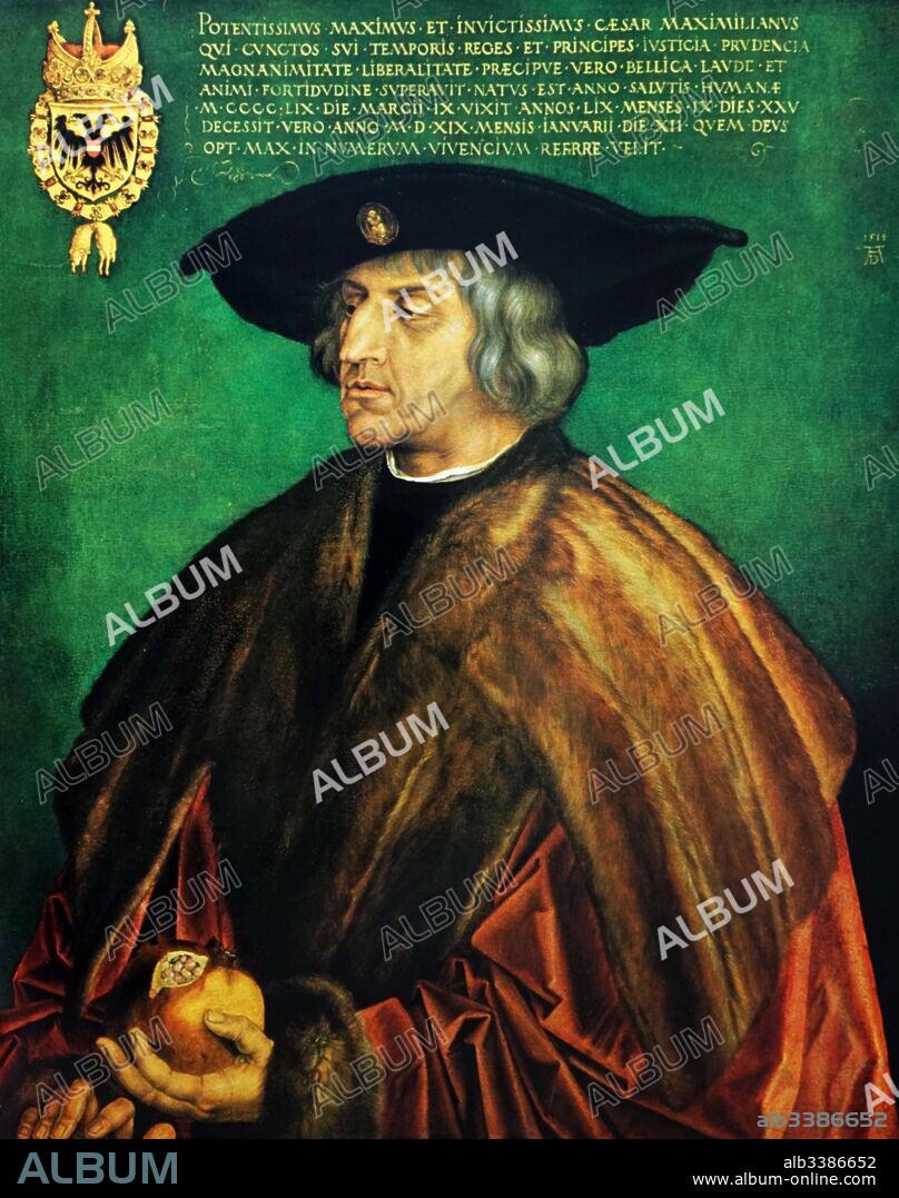 Maximilian I (1459 - 1519);King of the Romans (also known as King of the Germans) from 1486. Portrait by Albrecht Durer. Holy Roman Emperor from 1493 until his death, though he was never crowned by the Pope, as the journey to Rome was always too risky. He was the son of Frederick III, Holy Roman Emperor, and Eleanor of Portugal. He ruled jointly with his father for the last ten years of his father's reign, from c. 1483 to 1493.