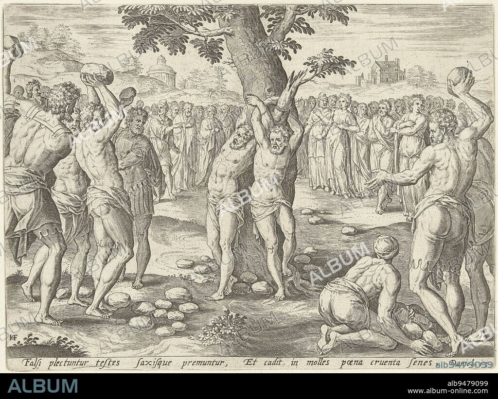 The two elders are bound to a tree and stoned by the crowd. The print has a Latin caption and is part of a series featuring the story of Susanna (Daniel 13:1-64). Stoning of the elders The story of Susanna , print maker: Hans Collaert (I), (mentioned on object), Maerten de Vos, publisher: Gerard de Jode, Antwerp, 1579, paper, engraving, h 196 mm × w 261 mm.