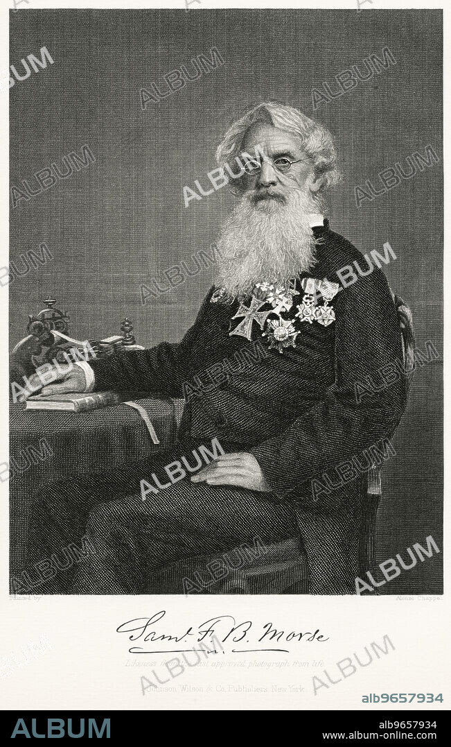 Samuel Morse (1791-1872), American Painter and Inventor, Developed an Electric Telegraph and Morse Cord, Seated Portrait, Steel Engraving, Portrait Gallery of Eminent Men and Women of Europe and America by Evert A. Duyckinck, Published by Henry J. Johnson, Johnson, Wilson & Company, New York, 1873.