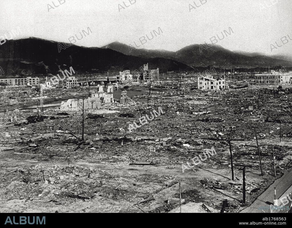 View of Nagasaki ruins. Partial aerial view of Hiroshima ruins a few days after the atomic bombing. August 1945.