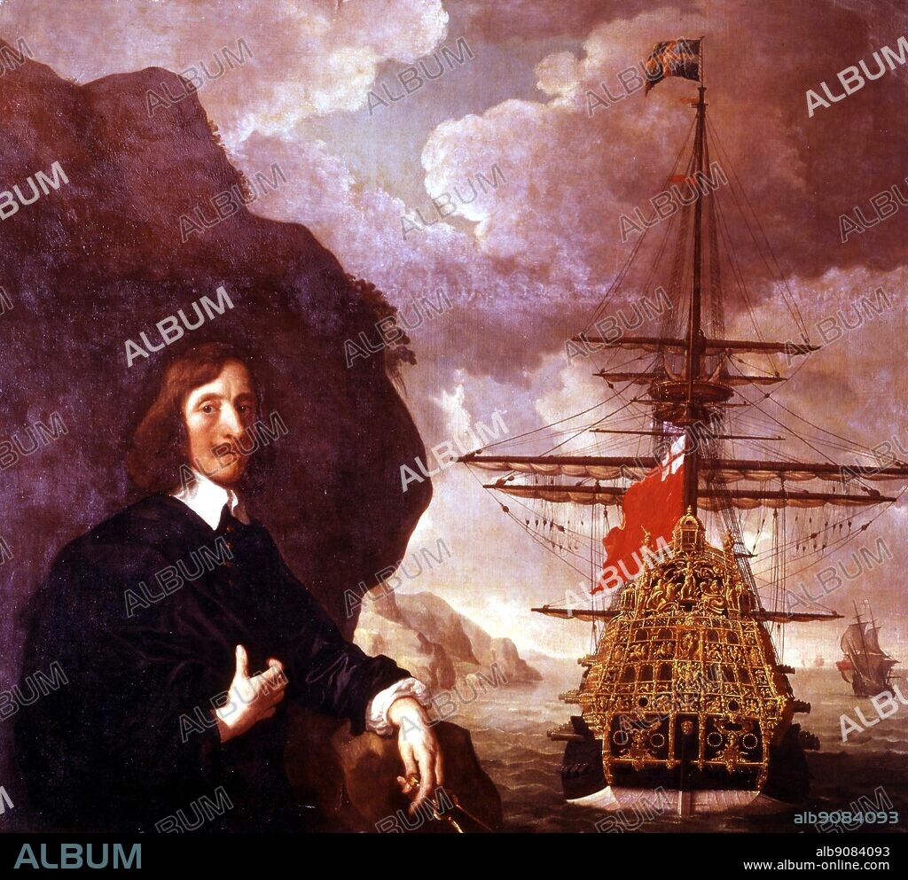 Peter Pett and the 'Sovereign of the Seas' circa 1645-50, by. Sir Peter Lely (1618-80). Peter Pett holds a pair of dividers, alluding to his status as one of a famous family of ship designers and builders. Peter Pett was responsible for building Charles I's great ship, Sovereign of the Seas. Built at Woolwich in 1637 to the designs of his father, Phineas Pett, she was believed to be the most powerful ship of her day and was the prototype for all 100-gun English first-rates which followed, though the exact number of her guns (100 or more in her original form) remains uncertain.