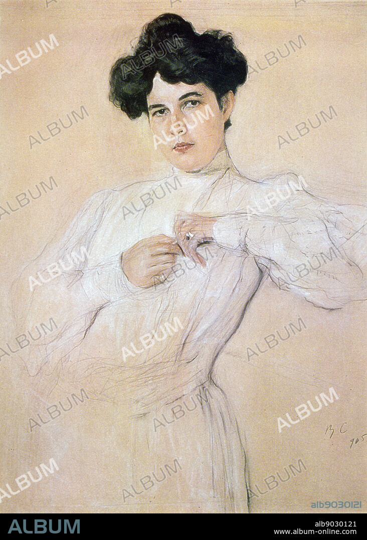 Maria Pavlovna Botkina' (born Tretyakov 1875-1952), 1905. Pencil, chalk, sanguine on paper. Portrait by Valentin Serov (1865-1911) Russian painter. Three-quarter length portrait of dark-haired woman standing in white dress. Female.