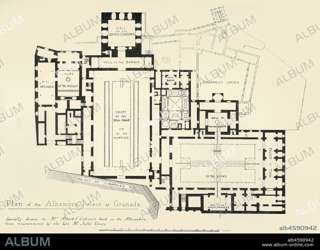 'Plan of the Alhambra Palace at Granada', 19th century, (1907). Ground plan of the palace and fortress complex at the Alhambra, Granada, Spain, which mainly dates from the 14th century. 'Specially drawn for Mr Albert F. Calvert's book...from measurements by the late Mr Jules Goury'. From "The Alhambra: being a brief record of the Arabian conquest of the Peninsula with a particular account of the Mohammedan architecture and decoration" by Albert F. Calvert. [John Lane, London & New York, 1907].