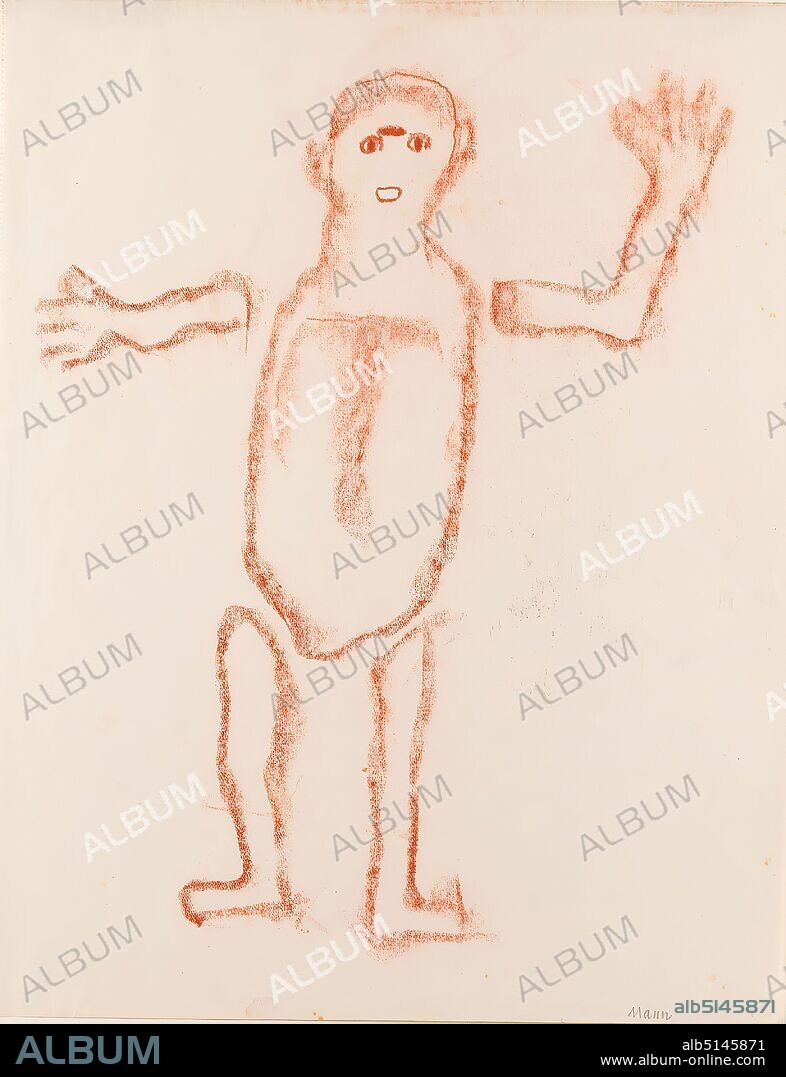 Gustav Heinrich Wolff, sketch of a figure (man), drawing paper, red chalk, drawing, red chalk on drawing paper, recto lower right inscribed with pencil man., sketches, drawing, graphics, human body/figure/nude, specific poses, gestures, facial expressions, classical modernism, sketch of a strange figure with severed arms and legs, head greatly simplified, without nose and - like a cyclops - with a line on the forehead between the eyes. Single sheet from a sketchbook October to November 1929 (sheet 28 of 28), inscribed Mann in pencil at lower right.