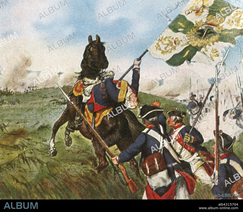 The death of Schwerin at Prague, 6 May 1757, (1936). 'Schwerins Tod Bei Prag, 6 Mai 1757'. Prussian field marshal Kurt Christoph Graf von Schwerin (1684-1757), one of the leading commanders under Frederick the Great, was killed at the Battle of Prague. He supposedly shouted 'Let all brave Prussians follow me!', and was struck and killed by a cannonball. The battle was fought between the Prussians under Frederick the Great, against the Austrians, in the Bohemian city of Prague (modern Czech Republic). The Prussians went on to win the battle but lost over 14,000 men. From "Bilder Deutscher Geschichte", (Pictures of German History), No.12, cigarette card album. [Cigaretten-Bilderdienst, Altona-Bahrenfeld, Hamburg, Germany, 1936].