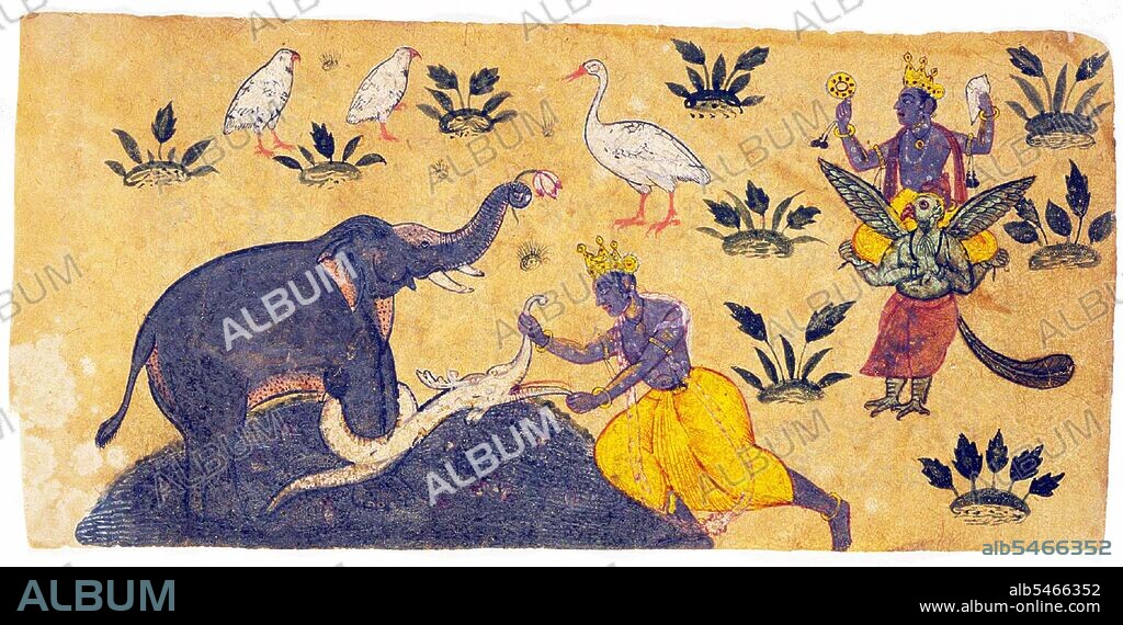 Gajendra Moksha (Sanskrit: ??????????????) is a Puranic legend from Bhagavata Purana. Lord Vishnu came down to earth to protect Gajendra (elephant) from the death clutches of Makara (crocodile). Gajendra was the King of the Elephants. One hot day, he proceeded to the lake with his family to cool off in its fresh waters. But from within the lake a crocodile appeared who attacked him and would not let go of him. When the family and relatives saw ‘death’ coming close to Gajendra, and everyone realised that everything was lost, they left Gajendra alone. Gajendra prayed to god Vishnu to save him. Vishnu came to the aid of Gajendra, who offered a lotus to the god. Vishnu attacked the crocodile and saved His Loved One. Gajendra, in his previous life was a great devotee called Indradyumna who was also a great king. One day, Agastya, a great sage came to visit the king. Indradyumna did not receive the Sage with the respect that the latter expected. The enraged Agastya cursed the king to become an elephant in his next birth, as he sat heavy on his seat and did not rise to greet him.