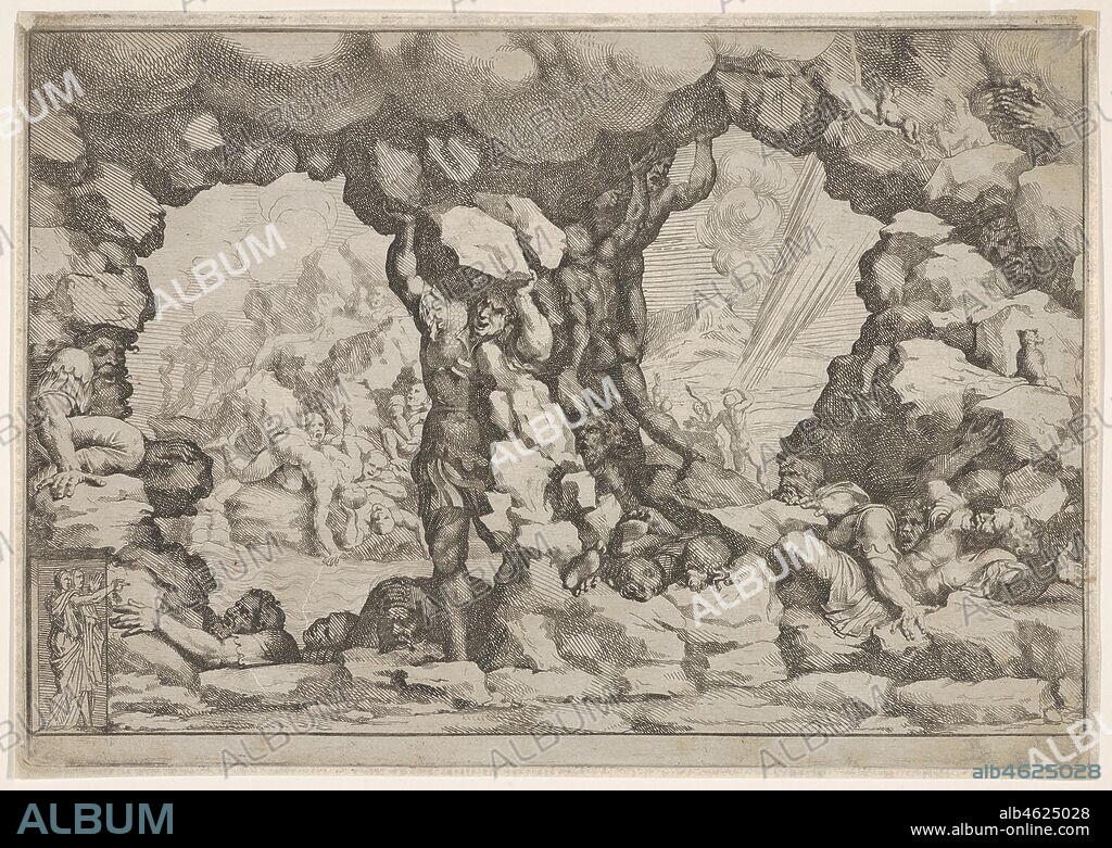 PIETRO SANTI BARTOLI. A giant heaving a boulder at center, other giants to left and right struggling and recoiling against impending boulders, nude figures climbing rocks and struggling in the background, from 'Giove che fulmina li giganti', after the frescoes on the ceiling of the Sala dei Giganti designed by Giulio Romano for the Palazzo del Te, Mantua, ca. 1680.