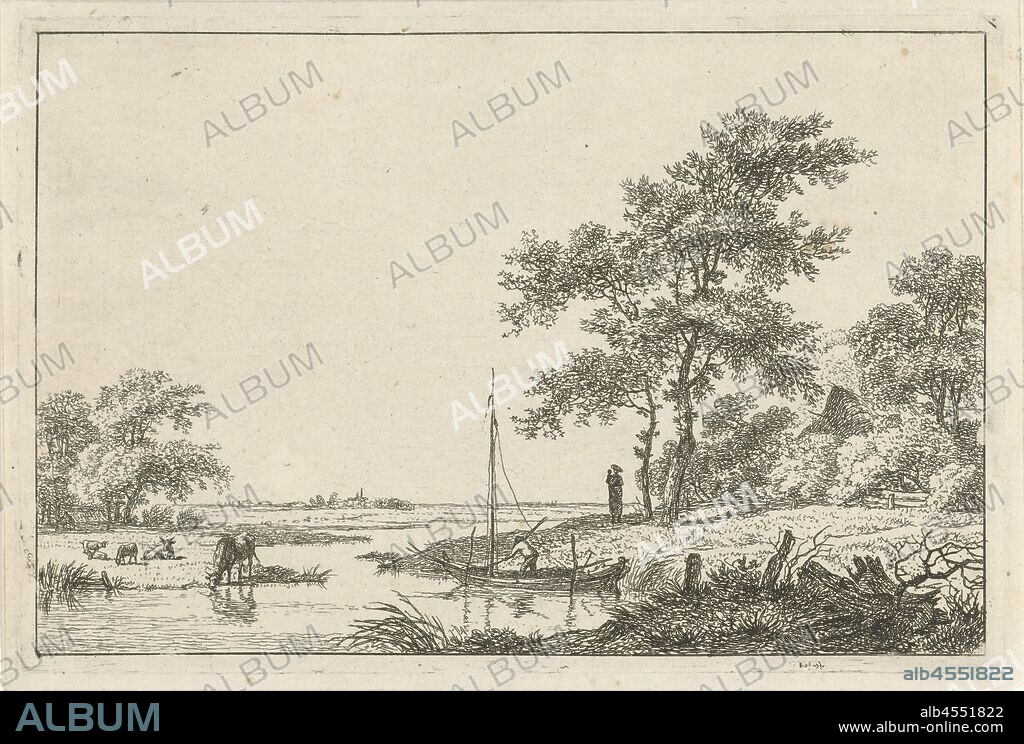 Landscape with a boat, A river landscape with cows and a sailing boat. On the banks of the river, by two trees, stands a person with a child in his arms. Between the trees in the background the roof of a farm, river (landscape with figures, staffage), Hermanus Fock, Amsterdam, 1781 - 1822, paper, etching, h 127 mm × w 191 mm.
