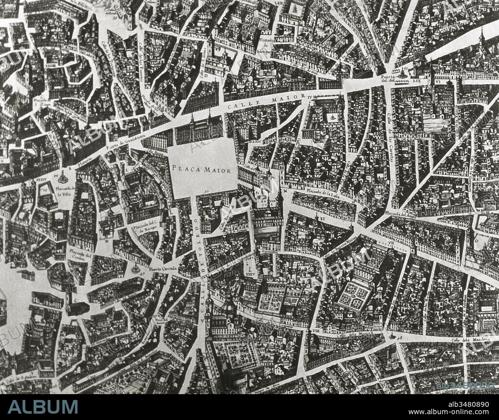 Spain. Madrid. City center. Map that  the king Philip IV commisioned to the Portuguesse cartographer Pedro Teixeira Albernaz (1595-1662). It was finished in 1656.