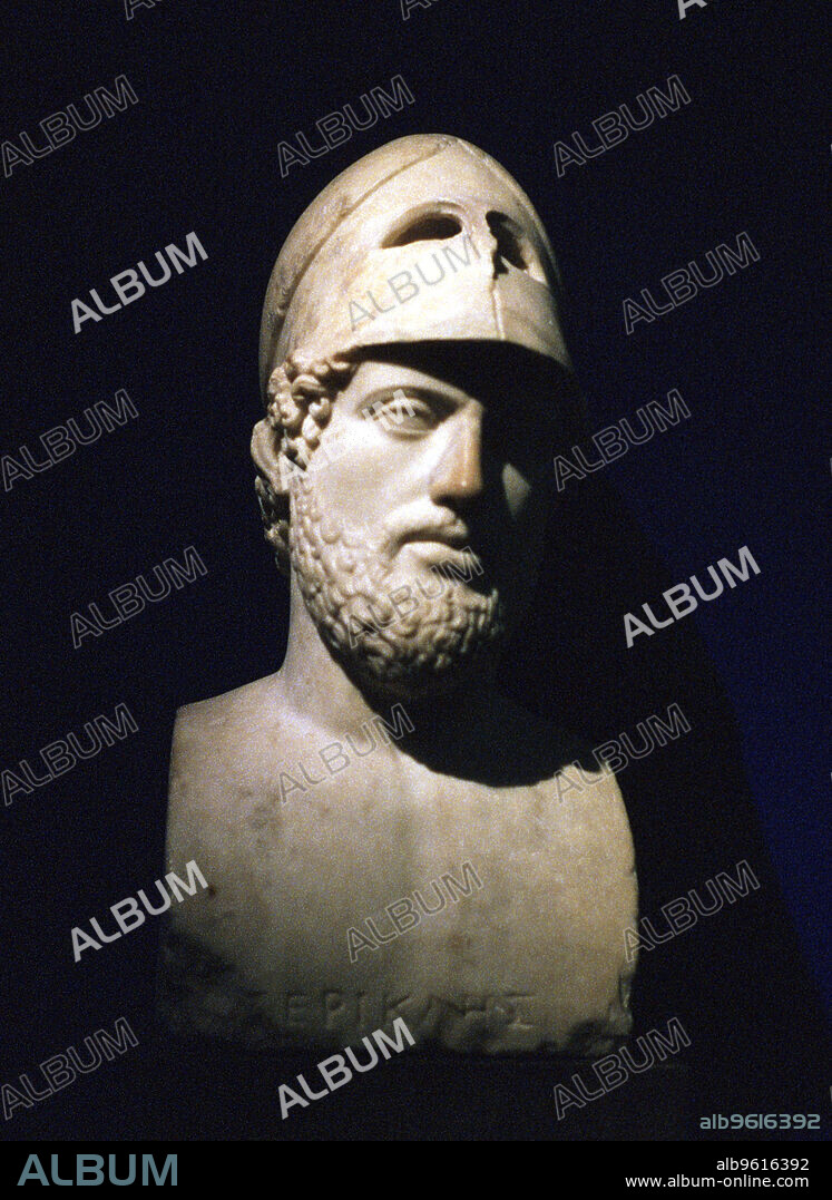 Marble portrait bust of Perikles, Athenian statesman (c490-429 BC), Roman, 2nd century BC. Perikles (Pericles) led the democracy of Athens at the height of the city's power and influence. He gathered around him a circle of poets, architects and artists, whose works include a programme of renewal of the principal religious and civic buildings of Athens. The crowning glory was the Parthenon, erected on the Acropolis between 447 and 432 BC. Perikles was famous for the power of his oratory (public speaking) that enabled him to rule Athens almost without opposition. This is a Roman copy of an original portrait which was perhaps created in Perikles' own day, or shortly after his death. However, it probably bears little physical resemblance to his actual appearance, showing an ideal type of the mature soldier citizen, wearing a helmet pushed back on his head. The portrait is shaped as a 'terminal bust' for mounting on a square shaft of stone. It is said to come from the Roman emperor Hadrian's Villa at Tivoli, near Rome. It is now in the British Museum.
