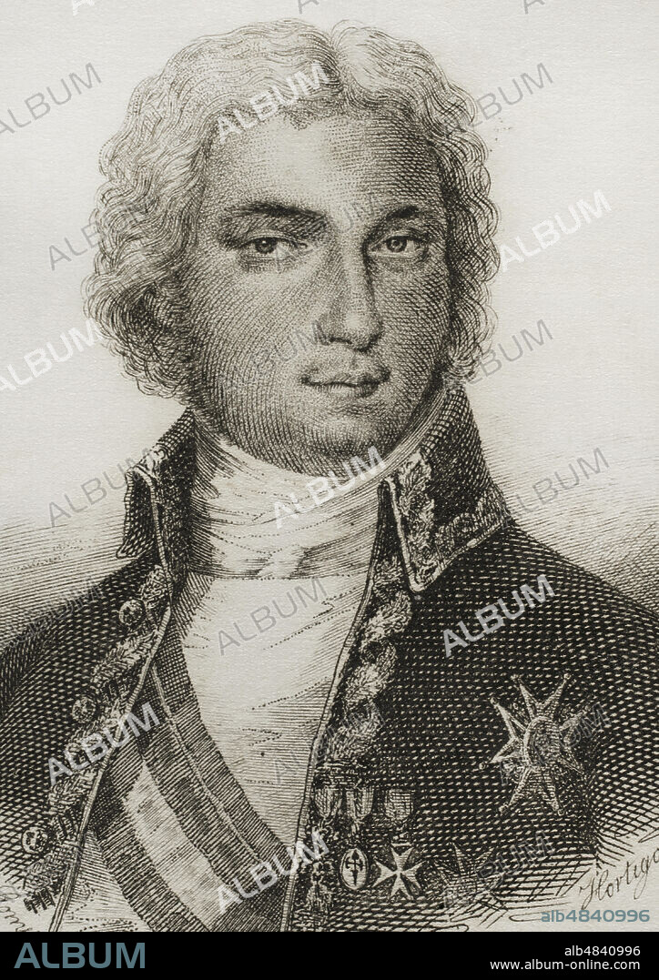Manuel Godoy (1767-1851). Noble y político español, favorito y Primer Ministro de Carlos IV. Duque de la Alcudia y de Sueca. Príncipe de la Paz por su participación en la"Paz de Basilea"en 1795. Ilustración por Antonio Gómez. Grabado por Hortigosa. Detalle. Guerra y Revolución de España, por el Conde Toreno. Madrid,1851.