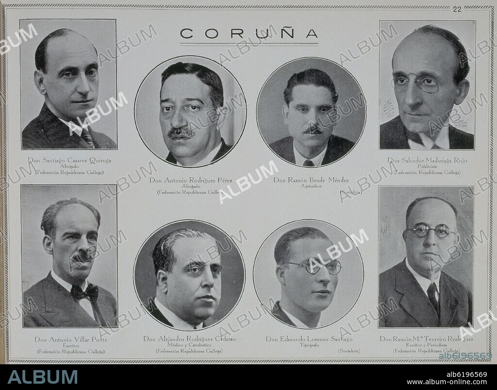 Santiago Casares Quiroga, Antonio Rodriguez, Ramon Beade, Salvador Madariaga, Antonio Villar, Alejandro Rodriguez, Edmundo Lorenzo and Ramon Tenreiro, Galician politicians.. Madrid, Congress of the Deputies library.