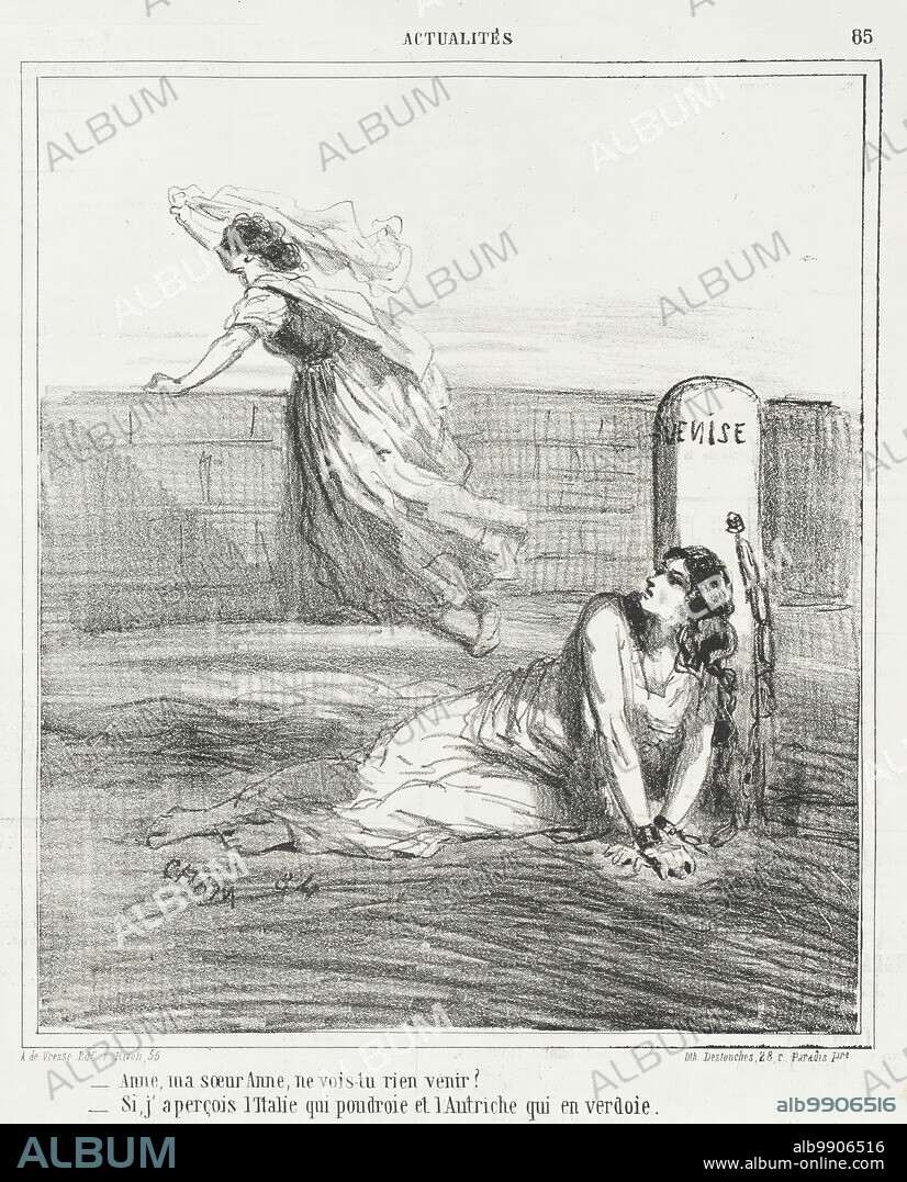 CHAM. Anne, ma soeur Anne, ne vois-tu rien venir? -Si j'aperçois l'Italie qui poudroie et l'Autriche qui en verdoie, 1866. From Actualités.