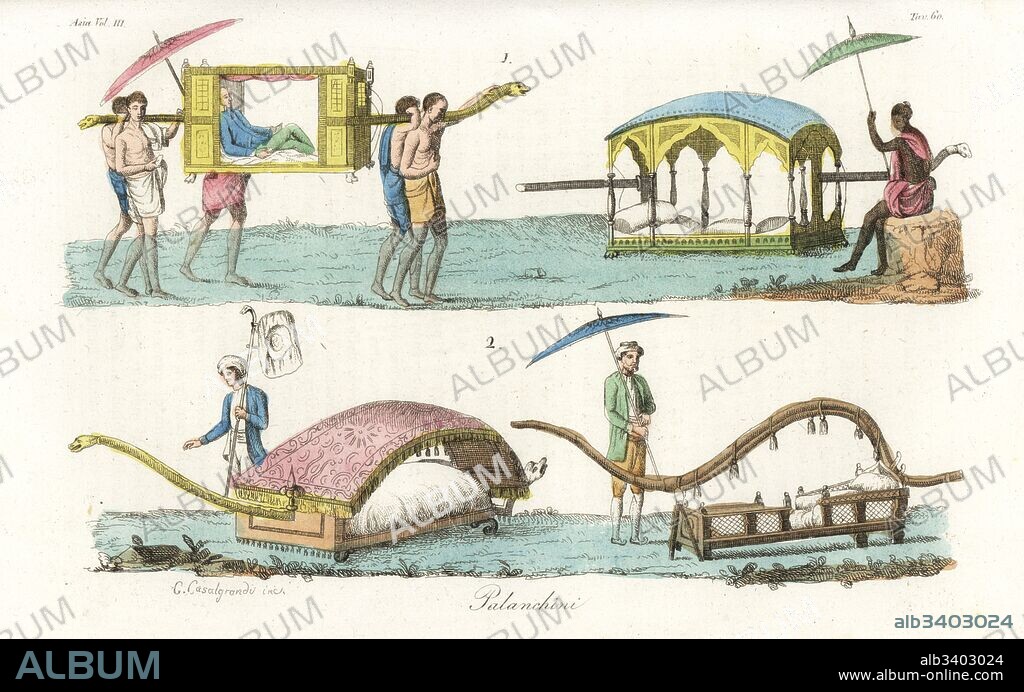Indian transport: sedan chair or palanquins. Long palanquin, miyana, jhalidar palki, and copala palki. Handcoloured copperplate drawn and engraved by Andrea Bernieri after Francois Solvyns from Giulio Ferrario's Ancient and Modern Costumes of all the Peoples of the World, Florence, Italy, 1844.