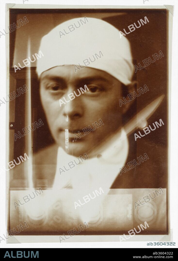 [Self-Portrait]. Artist: El Lissitzky (Russian, Pochinok 1890-1941 Moscow). Dimensions: Image: 17.3 x 12.1 cm (6 13/16 x 4 3/4 in.). Date: 1924-25.
Before the outbreak of World War I and his return to Russia, El (Lazar Mordukovich) Lissitzky studied architecture and engineering in Germany and traveled in Europe absorbing the new imagery of Cubism, Futurism, and Expressionism. In 1919 he began teaching in Vitebsk, where he worked closely with Kasemir Malevich. From this rich ground emerged his Proun paintings (1919-23), imaginary free-floating quasi-architectural constructions clearly informed by Suprematist and Constructivist principles.
One of Lissitzky's most famous works is a photographic self-portrait entitled "The Constructor," which superimposes the artist's eye and his hand holding a compass onto graph paper, with the implication that the artist is a visionary engineer--a notion common among avant-garde artists of the 1910s and 1920s. This self-portrait was made during the same period as "The Constructor" and is similarly composed of multiple photographic and photogram elements. The portrait of Lissitzky wearing a bandage or surgical cap floats between the open branches of a photogrammed compass and above three circles labeled London, Paris, and Berlin. These symbols of urban life are also a photogram, made from a portion of Lissitzky's typographical design for Vladimir Mayakovsky's 1923 poem "For the Voice." The shimmering strip superposed on his lips is illustrated in Lissitzky's 1925 essay, "A[rt]. and Pangeometry." Rotated on an axle, the strip would produce the illusion of a circular disk, "that is to say a new expression of space which is there for as long as the movement lasts and is therefore imaginary." The strip thus suggests potential movement and the new fluid imaginary space that Lissitzky thought necessary for a new art and which he successfully created in this image. 
 In 1924 Lissitzky went to Switzerland to recover from tuberculosis. Despite the fact that one lung had been removed, he was immensely productive during his recuperation. If this self-portrait reflects at once the vulnerability of the body and an uncompromising vision, it is perhaps because it is the image of a convalescing constructor of a brave new world.