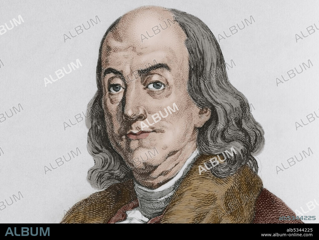 AUGUSTIN FRANÇOIS LEMAITRE (1797-1870). FRENCH ENGRAVER AND LITHOGRAPHER.. Benjamin Franklin (1706-1790) American scientist, inventor and politician. In 1776 he wrote, with Jefferson and John Adams, the Declaration of Independence of the United States of America. Engraving by Lemaitre. Panorama Universal. History of the United States of America, from 1st edition of Jean B.G. Roux de Rochelle's Etats-Unis d'Amérique in 1837. Spanish edition, printed in Barcelona, 1850. Later colouration.