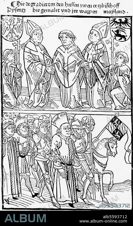 Hus, Jan (Johannes); tschech. Kirchenreformer; um 1370 - 1415. Hinrichtung als Ketzer auf dem Konzil zu Konstanz, 6. Juli 1415: Entkleidung und Weg zum Scheiterhaufen. Holzschnitt, 1483. Aus: Ulrich von Richental, Chronik des Konstanzer Konzils, Augsburg (A.Sorg) 1483.