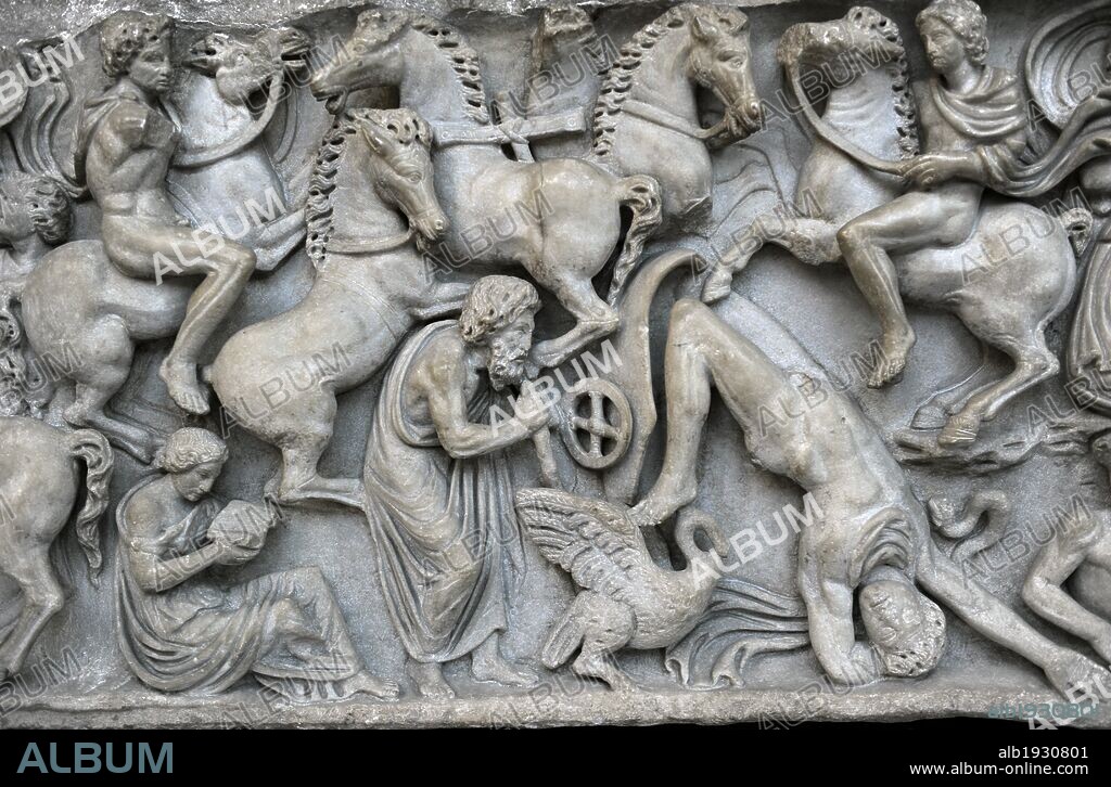 Roman Art. Sarcphagus Chest with the Phaeton Myth. Detail. The fall of Phaeton. Found in Ostia. Late 2nd cent. AD. Marble. Ny Carlsberg Glyptotek. Copenhagen. Denmark.