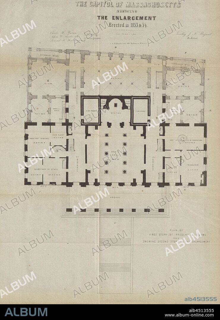 The Capital of Massachusetts showing the enlargement Erected in 1853, Floor plan of the 1st and 2nd floors of the Massachusetts State House, Boston, signed: Gridley J. F. Bryant; J.H. Bufford's Lith, Fig. 13, p. 23, Bryant, Gridley J. F. (del.); Bufford, John Henry (sc.), 1854, Report of the commissioners for the enlargement of the State House. [Boston]: [s. n.], [1854].