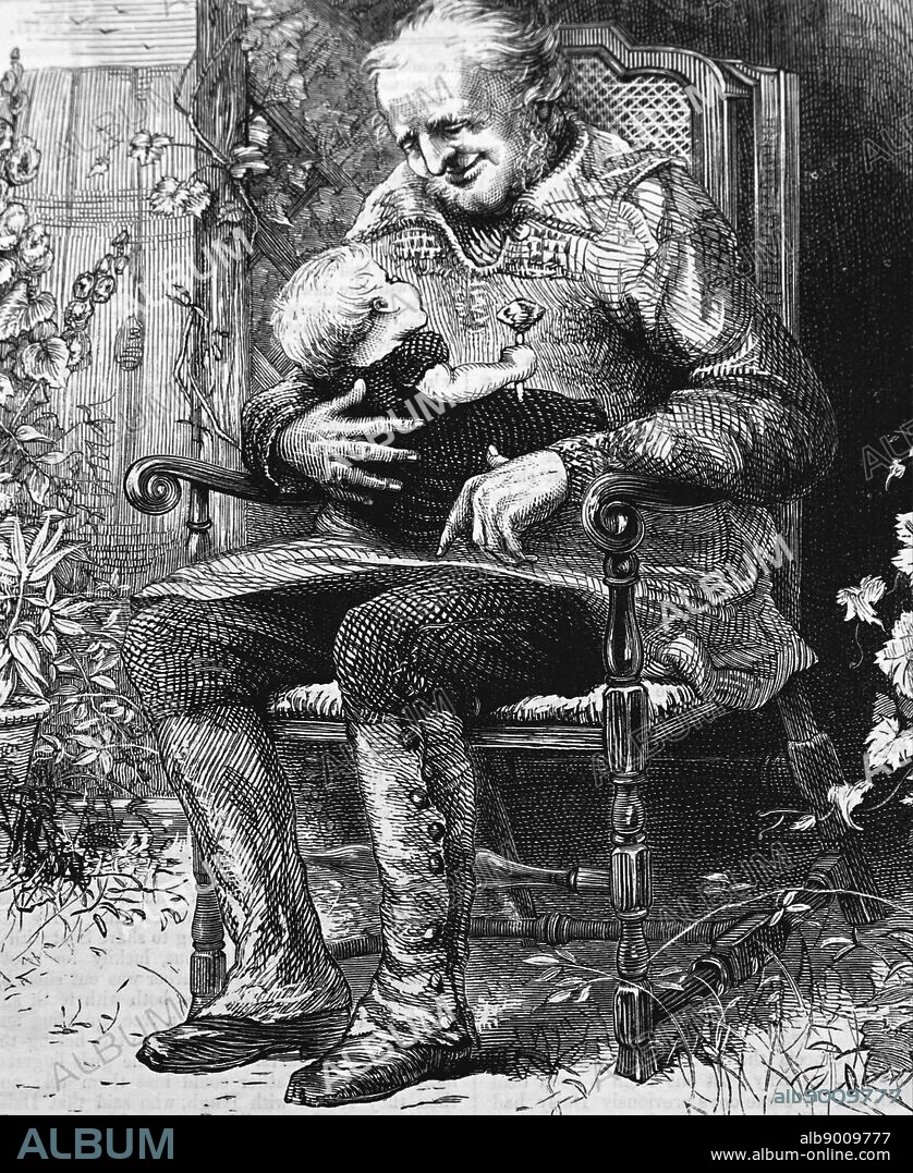 Illustration depicting a grandfather sitting with his young grandchild on his lap. Dated 19th Century.