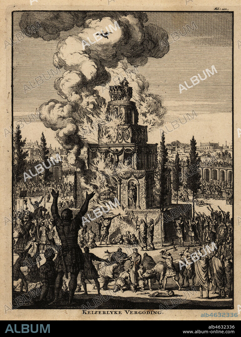 Five-story funeral pyre for a Roman Emperor in flames, Rome. The pyramid is decorated with garlands and statues, crowned with a figure on a quadriga, four-horse chariot. Legionnaires, eagle bearers and centurions grieve, musicians blow horns, men sacrifice bulls. Copperplate engraving by Jan Luyken from Abraham Bogaerts De Roomsche Monarchy, The Roman Monarchy, Francois Salma, Utrecht, 1697.
