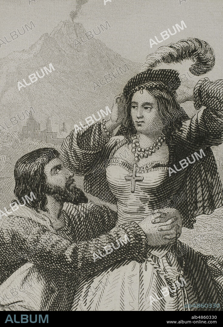 El rey Alfonso V de Aragón (1396-1458), llamado el Magnánimo junto a su amante Lucrecia de Alanyo. Ilustración por Urrabieta, detalle. Grabado por A. Roca. Historia de Cataluña y de la Corona de Aragón, por Victor Balaguer. Barcelona,1862.