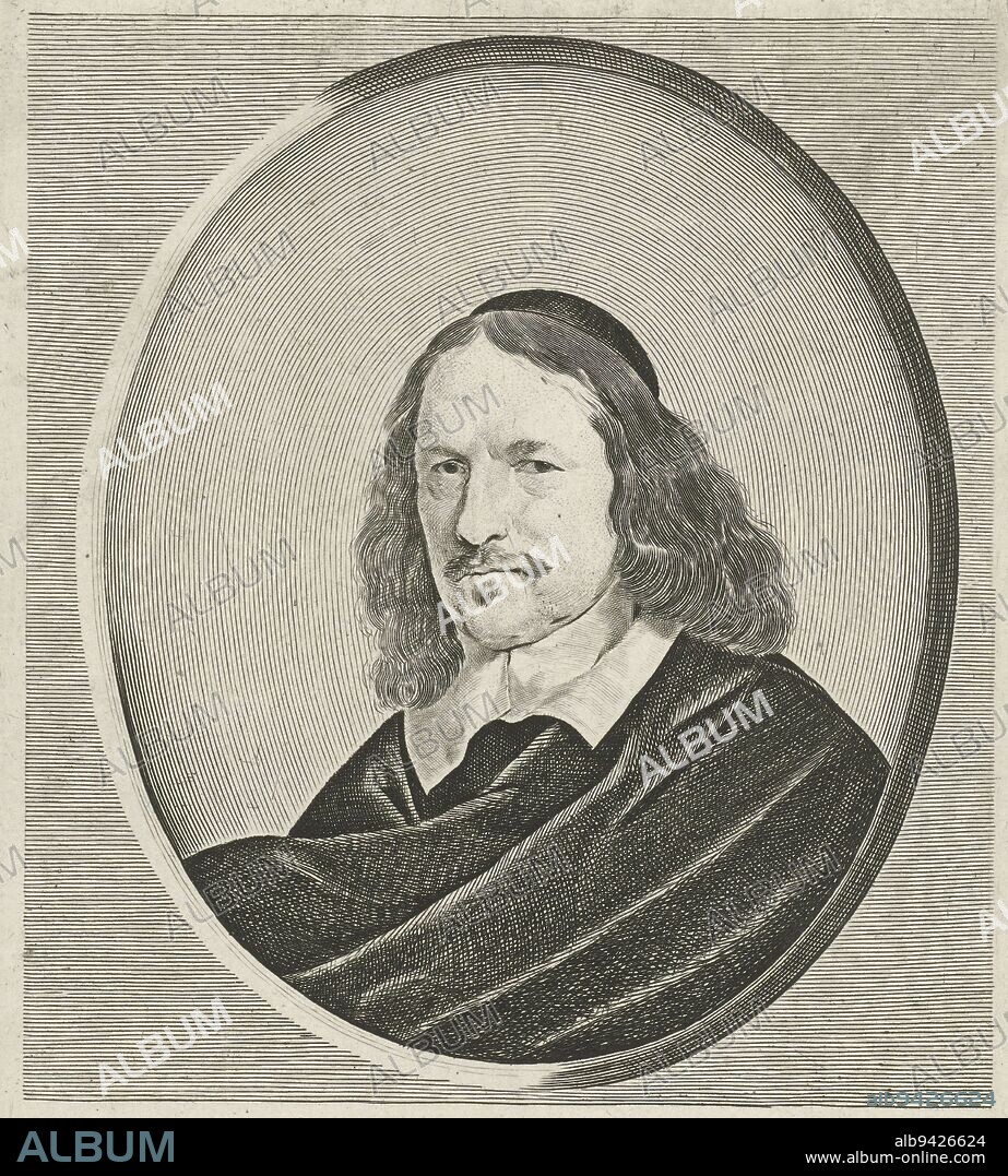 Bust to the left of Jacob van der Burgh in an oval. Beneath the portrait five lines in Latin, Portrait of Jacob van der Burgh, print maker: Pieter Holsteyn (II), (mentioned on object), after: Gerard ter Borch (II), (mentioned on object), publisher: Rombout van den Hoeye, (mentioned on object), print maker: Northern Netherlands, after: Northern Netherlands, publisher: Amsterdam, c. 1624 - 1673, paper, engraving, etching, h 216 mm × w 135 mm.