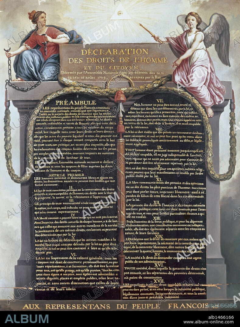 "DECLARACION DE LOS DERECHOS DEL HOMBRE Y DEL CIUDADANO". Acta aprobada en Francia por la Asamblea Constituyente el 26 de agosto de 1789, con 17 artículos que definen los derechos del ciudadano y de la nación. Museo Carnavalet. París. Francia.