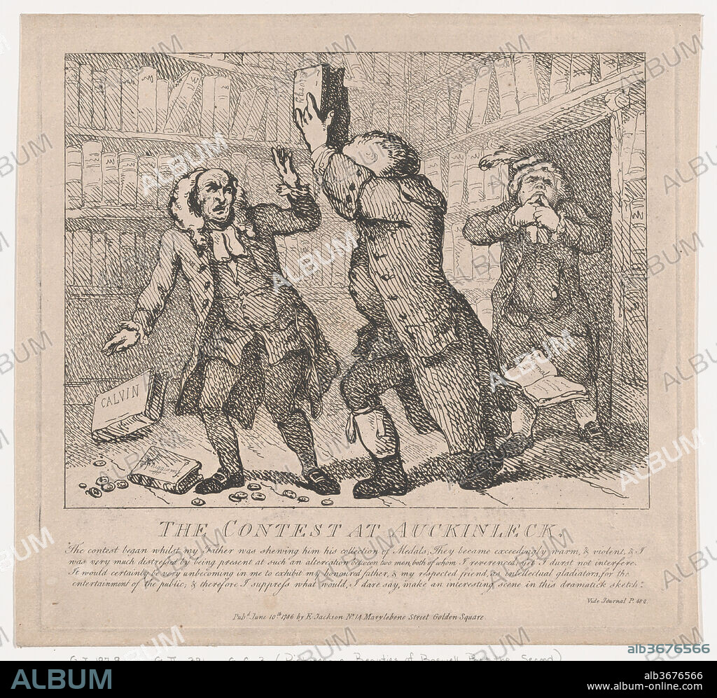 The Contest at Auckinleck (Picturesque Beauties of Boswell, Part the Second). Artist: Thomas Rowlandson (British, London 1757-1827 London); After Samuel Collings (British, active 1784-95). Dimensions: Sheet: 10 1/2 × 11 5/16 in. (26.7 × 28.8 cm)
Plate: 10 1/16 × 10 5/8 in. (25.5 × 27 cm). Publisher: E. Jackson (London). Series/Portfolio: Picturesque Beauties of Boswell. Subject: James Boswell (British, Edinburgh, Scotland 1740-1795); Samuel Johnson (British, Lichfield, Staffordshire 1709-1784 London). Date: June 10, 1786.
