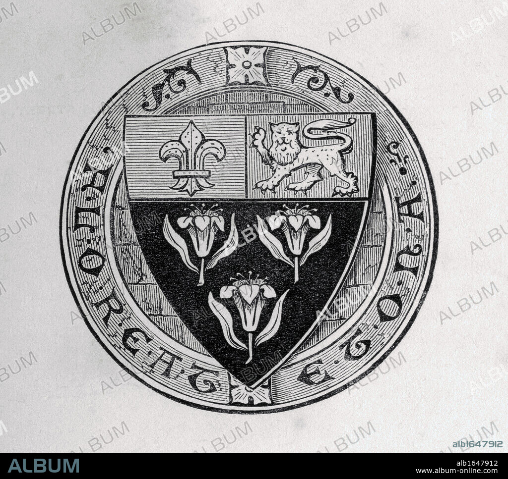 Eton shield laid over roundel with school motto Floreat Etona or May Eton Flourish From Memoirs of Eminent Etonians by Sir Edward Creasy published London 1876.