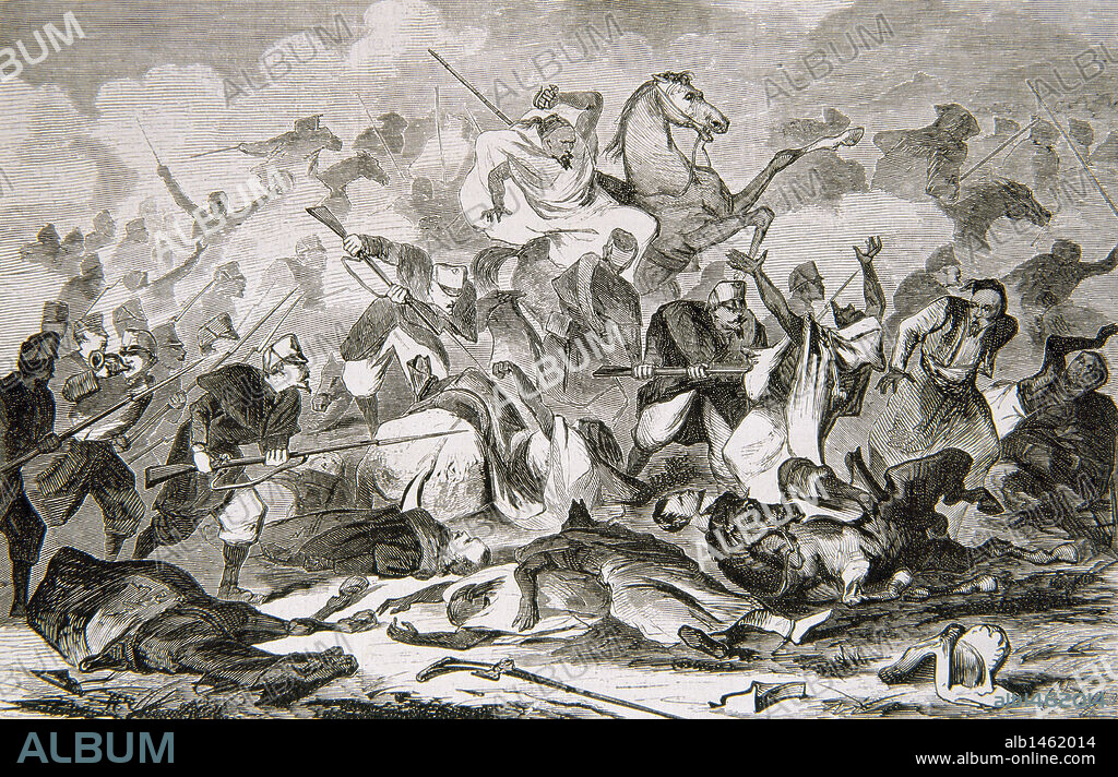GUERRA DE AFRICA (1859-1860). Conflicto armado entre España y Marruecos que forma parte de una serie de aventuras militares organizadas por el Gobierno de O'Donnell (1858-1863). "CARGA DE LA INFANTERIA ESPAÑOLA CONTRA LA CABALLERIA ARABE". Grabado de "El Museo Universal" (1860) .