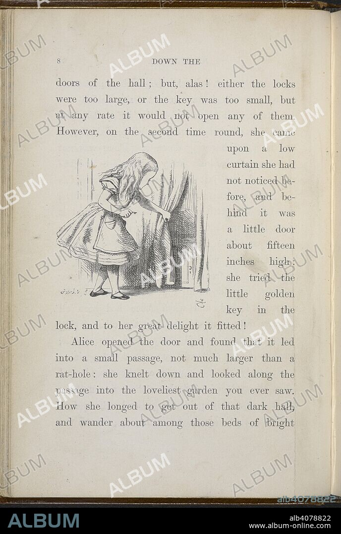 Alice looking at a small door behind a curtain. Alice's Adventures in Wonderland. With forty-two illustrations by John Tenniel. London : Macmillan & Co., 1866 [1865]. Source: C.59.g.11 page 8.