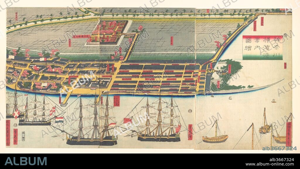 Kanagwa Yokohama minato...zue
Pictorial Guide to Yokohama Harbor. Artist: Utagawa (Gountei) Sadahide (Japanese, 1807-1878/79). Culture: Japan. Dimensions: Image (a): 14 1/4 x 9 7/8 in. (36.2 x 25.1 cm)
Image (b): 14 1/4 x 9 5/8 in. (36.2 x 24.4 cm)
Image (c): 14 1/4 x 9 3/8 in. (36.2 x 23.8 cm). Date: 7th month, 1860.