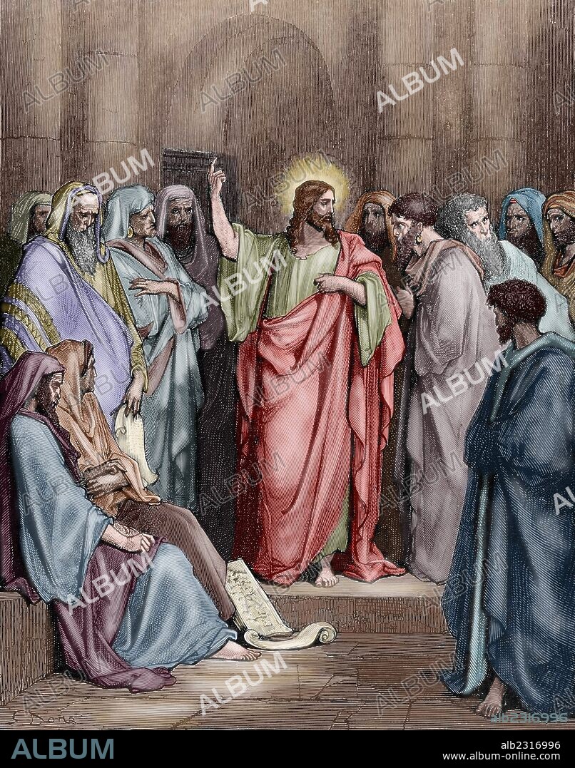 PAUL GUSTAVE DORÉ. NUEVO TESTAMENTO. JESUS EN LA SINAGOGA. Evangelio de San Lucas, Capítulo IV, Versículos 16-21. Dibujo de G. Doré, del siglo XIX. Grabado coloreado.