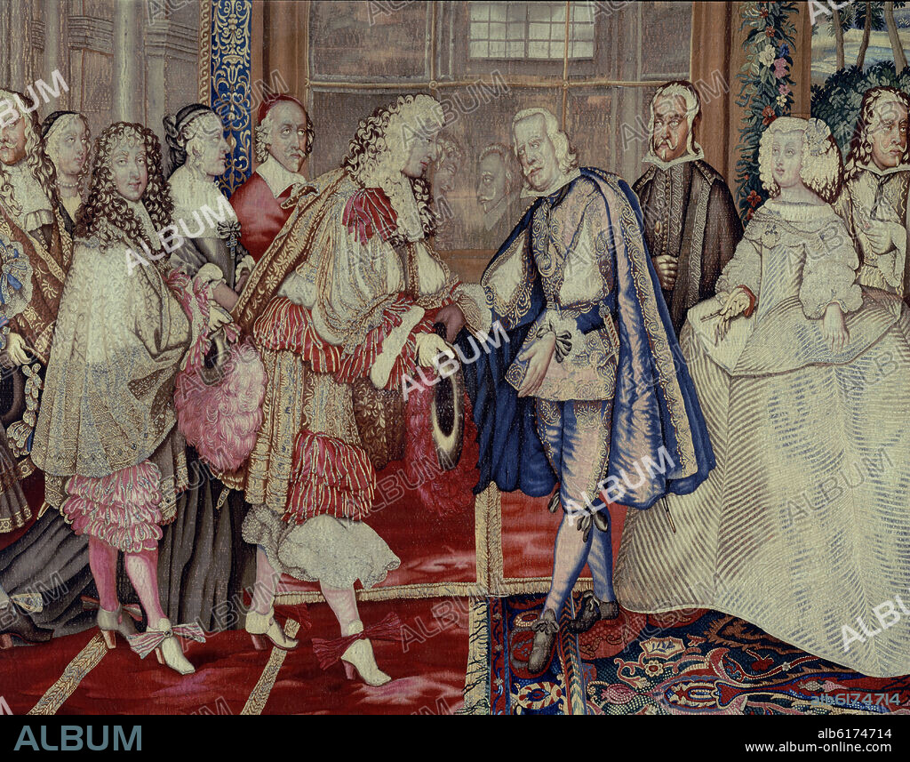 CHARLES LE BRUN (1619-1690). TAPIZ DEL ENCUENTRO DE LUIS XIV Y FELIPE IV EL 7 JUN 1660 - EL MATRIMONIO DE LUIS XIV Y LA INFANTA MARIA TERESA POR LA PAZ DE LOS PIRINEOS - DETALLE.