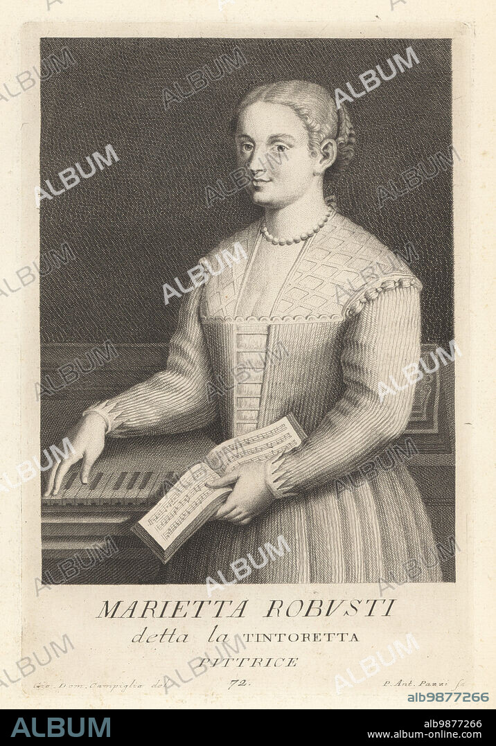 Marietta Robusti, Venetian portrait painter of the Renaissance period, 1560-1590. She was the daughter of Jacopo Robusti or Tintoretto and sometimes referred to as Tintoretta. Depicted with music score book and a spinet harpsichord. Copperplate engraving by Pietro Antonio Pazzi after Giovanni Domenico Campiglia after a self portrait by the artist from Francesco Moucke's Museo Florentino (Museum Florentinum), Serie di Ritratti de Pittori (Series of Portraits of Painters) stamperia Mouckiana, Florence, 1752-62.