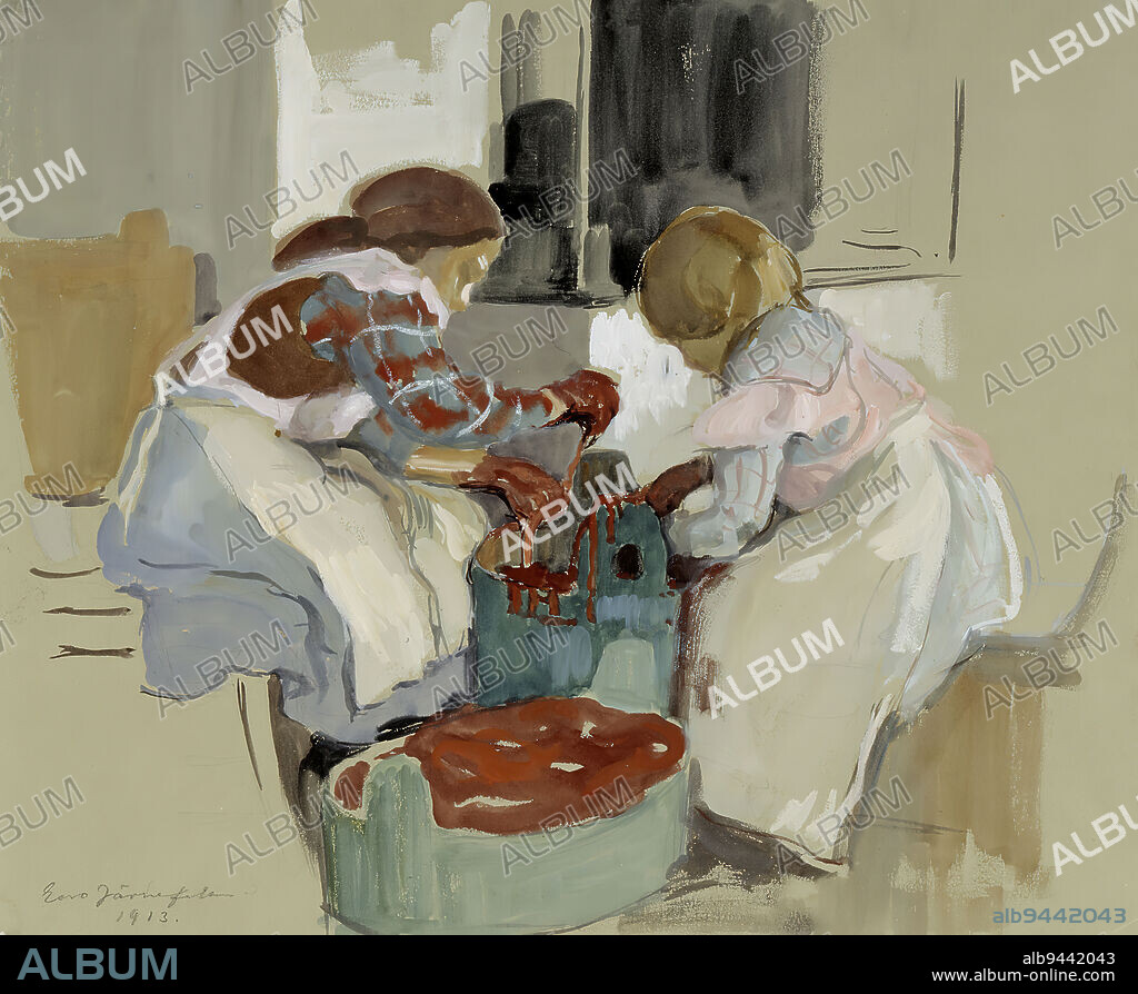 Eero Järnefelt, 8.11.1863, Vyborg, 15.11.1937, Helsinki, Two Girls Dyeing Fabric, 1913, 38.5 × 46.5 cm, gouache.