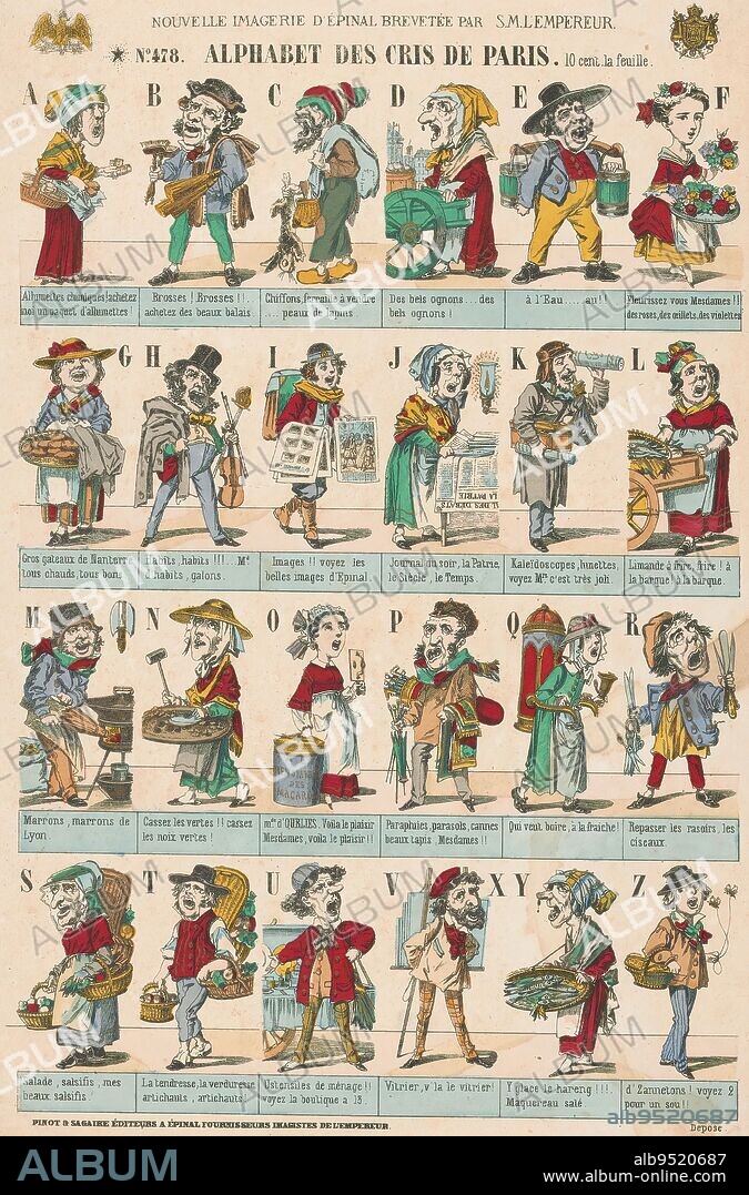 Alphabet with street vendors from Paris, Alphabet des Cris de Paris (title on object), Sheet containing 24 representations of street vendors from Paris illustrating the letters of the alphabet. Below each image a caption in French. Shown are vendors selling brooms, water, folk prints, newspapers, kaleidoscopes, chestnuts, umbrellas and fish, among others., print maker: anonymous, (mentioned on object), publisher: Pinot & Sagaire, (mentioned on object), Épinal, 1860 - 1872, paper, height 407 mm × width 275 mm.