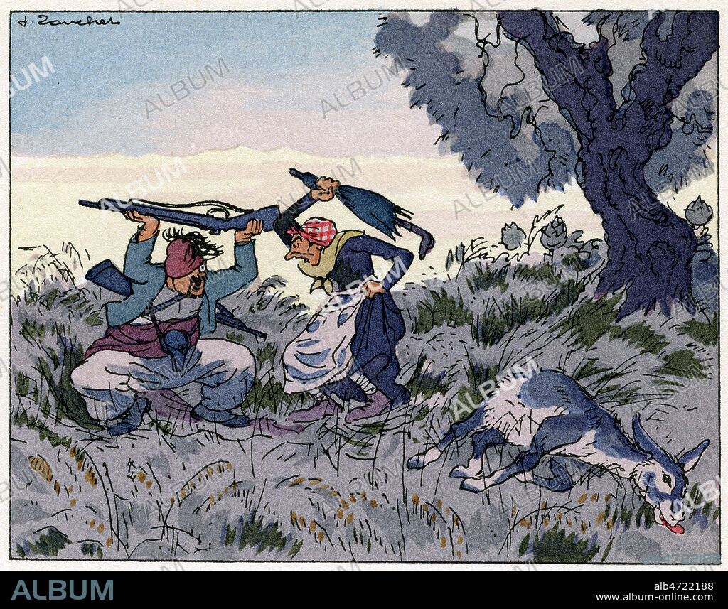 Tartarin et la vieille alsacienne proprietaire de l'ane qu'il a tue la veille. Illustration par Jacques TOUCHET (1887-1949) pour Tartarin de Tarascon d'Alphonse DAUDET (1840-1897). Credit : Coll. Jonas/KHARBINE-TAPABOR.