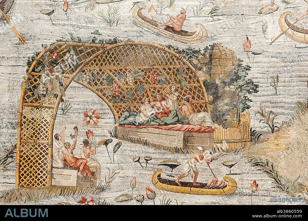 Roman antiquity, mosaic depicting the Nile river, Barberini mosaic, scene of a drinking spree in a pergola with people sitting in boats, Museo Nazionale Prenestino museum, Palazzo Barberini-Colonna, Palestrina, Lazio, Italy, Southern Europe, Europe